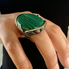 925 Sterling Silver Malachite Stone Engraved Design Handmade Huge Men's Ring