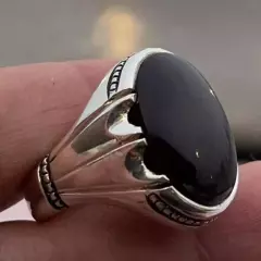 Yemeni Aqeeq Ring for Men - Big Kabadi Black Aqeeq Stone Ring