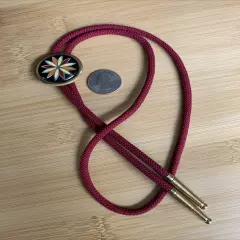 Vintage Flower Women’s Bolo Tie Country Western Wear Gold Tone Red Burgundy Cord