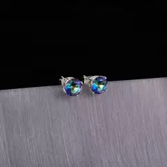 8mm Round Blue Rainbow Mystic Topaz Silver Jewelry Stud Pierced Earrings