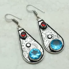 Blue Topaz Garnet Handmade Drop Dangle Earrings Jewelry Wedding Gift 2" AE-55330