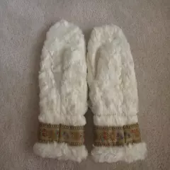 POLAR MITTS Faux Fur Mittens Nordic Trim Cream Ivory Off White Sz S Made in USA