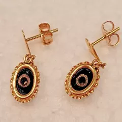 14K Gold Diamond Black Onyx Drop Pierced Earrings Vintage