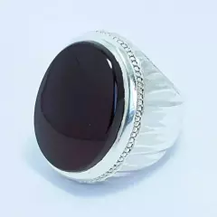 Mens Yemeni Aqeeq Ring - Big Kabadi Black Aqeeq Stone Ring