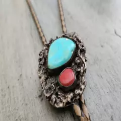 Vintage Navajo Sterling Silver With Turquoise And Coral Stone Bolo Tie