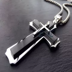 Men Huge Polish Stainless Steel Three Large Cross Pendant Necklace Silver/Black