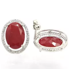 New Designed Oval Gemstone Real Red Ruby White CZ Woman's Gift Silver Earrings