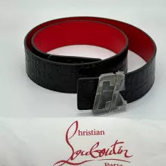 Christian Louboutin HAPPY RUI CL Logo Reversible Croc Leather Belt Black $550