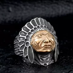 Vintage Gold Plated Indian Tribal Chief Ring Stainless Steel Men Biker Punk Ring