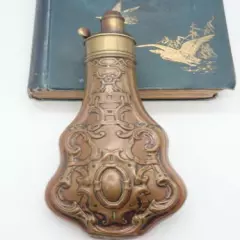 Antique Copper Brass Violin Shape Black Gun Powder Shot Flask Holder Hunting