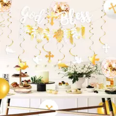 White and Gold Cross God Bless Party Decorations Dove Hanging Swirl Leaf Ball...