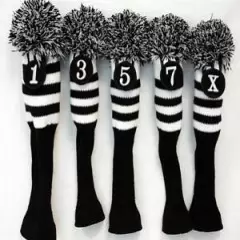 1 3 5 7 X Set Vintage Pom Pom Retro Head Covers Knit Sock Black Golf Club Cover