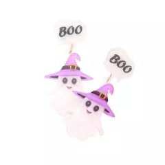 White Boo Message Glittered Witch Hat Ghost Link Dangle Earrings