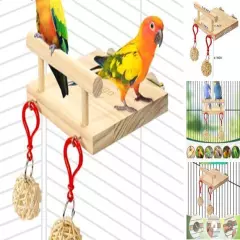 PETOGO's Small Wooden Bird Perch Platform Stand with Rattan Toys - Made of 