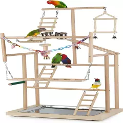 4-Layer Wooden Parrot Playstand with Feeder Cups & Bells - Bird Playground Gym