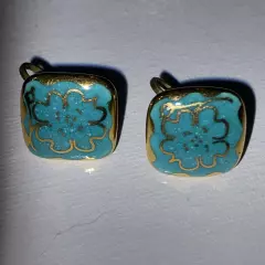 Simulated Vtg,: (1940's) Turquoise Earrings With Gold Foil Floral Pattern Unique