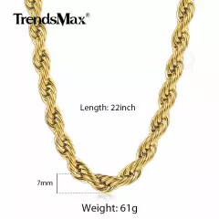 Gold Plated Stainless Steel Rope Chain Necklace 3/5/7mm 16-30" Choker Men Women