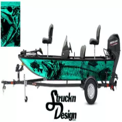 Teal Boat Wrap Musky Pike Skeleton Vinyl Graphic Decal Kit Fish Bass Fishing USA