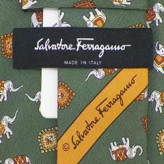 SALVATORE FERRAGAMO Mens Green Gold Brown ELEPHANTS Silk Tie Italy NWT