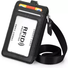 HAWEE Badge Holder with Zipper Genuine Leather RFID Keychain Wallet Neck Lanyard