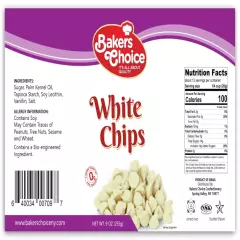 White Chocolate Flavored Chips Non Dairy, Kosher 9 ounce. Baker’s Choice.