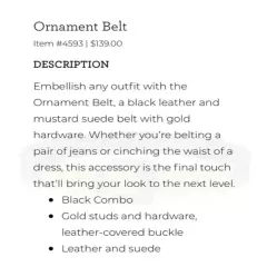 Cabi New NWT Ornament Belt #4593 Black Gold XS - XL Was $139