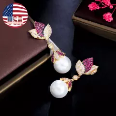 Multi-Tone Gold Plated Red CZ Long Leaf Dangle Drop Pearl Wedding Party Earrings