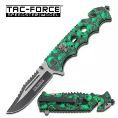 8" TAC-FORCE Green Skull Camo Spring Assisted Glass Breaker Folding Pocket Knife