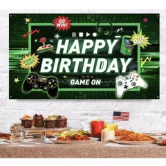 Video Game Happy Birthday Fabric Backdrop Game on Party, 42”X 70” Green/Black