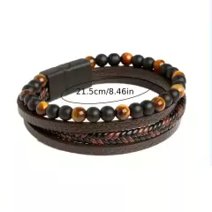 Mens PU Leather Bracelet with Blue Obsidian Beads