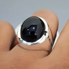 Yemeni Aqeeq Mens Ring - Pure Kabadi Black Agate in 925 Sterling Silver