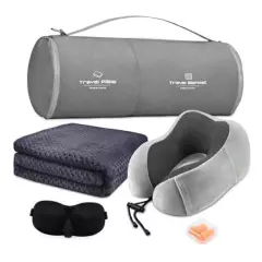 Travel Pillow and Blanket Set Neck Pillow Airplane with Sleep Mask B-grey