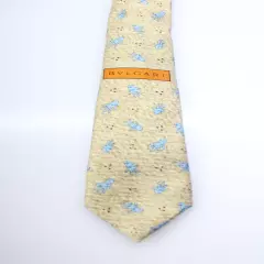 Bvlgari Mens Classic Width Hand Printed Silk Tie Brown Blue