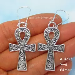 Hieroglyphs Ankh Earrings Antique Silver Tone 02044 Egyptian Cross