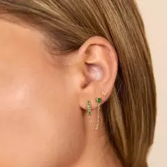 Green Double Piercing Pave Huggies w/ Chain Tassel Zirconia Pave Huggie Studs