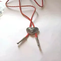 Silver Heart Shape Bolo Tie W/ 36" 4mm Red Braided Cord W/1.25 " Silver Tips