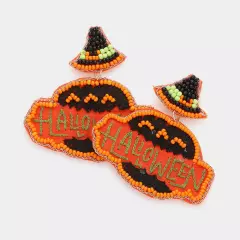 Orange Halloween Message Felt Back Seed Beaded Witch Hat Pumpkin Link Dangle Ear