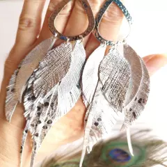 silver extra long leather feather earrings shine silver feather earrings