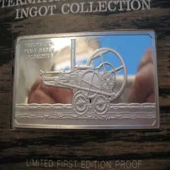 2 .OZ SILVER INGOT- BAR LOCOMOTIVE- TRAIN 1804 PEN-Y-DAREN FRANKLIN MINT+GOLD"