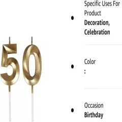 50Th Birthday Candles,Gold Number 50 Cake Topper for Birthday Decorations Party 