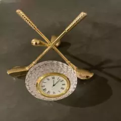 Golf Crystal Ball Clock On Stand Of 3 Brass Golf Clubs