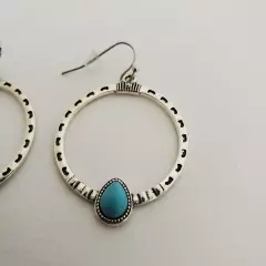 Boho Silver Round Circle Hoop Dangle Earrings with Turquoise for Women Western