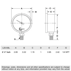 2-1/2" Pressure Gauge, Stainless Steel Case, Liquid Filled, Lower Mnt 200 PSI