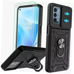 for OnePlus Nord N200 5G Case with Slide Camera Cover and 2pcs HD Screen Black