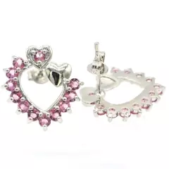 Pretty Heart Shape Pink Tourmaline White CZ Gift For Girls Silver Earrings