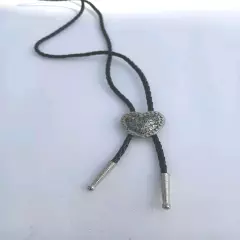 Silver Heart Shape Bolo Tie W/ 36" 4mm Black Braided Cord W/1.25 " Silver Tips