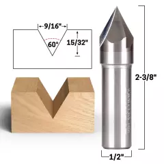 60 Degree V Groove Solid Carbide Router Bit - 1/2" Shank - Yonico 14060