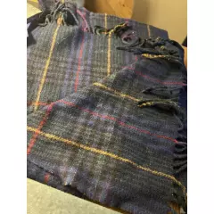 Vintage Tartan Plaid Wool Scarf Black Blue Fringe Hem Unisex Men Women Adult