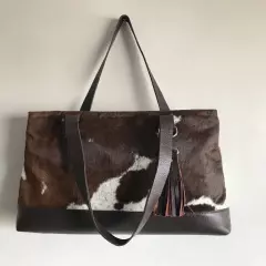 Women Cowhide Tote Bag Real Hair On Tricolor Shoulder Bag Cowhide Fur Purse Bag