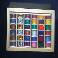 36 Spools Fly Tying Thread, Tinsel, Floss, Wool, Copper, Lead in a Wooden Box 